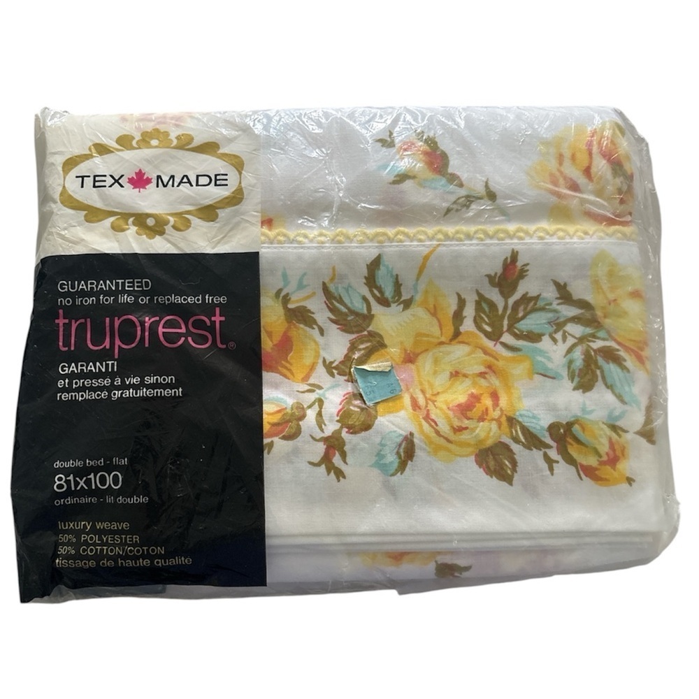 VINTAGE Tex-Made Trueprest Floral Flat Sheet - Dead Stock/Double Bed Flat Sheet